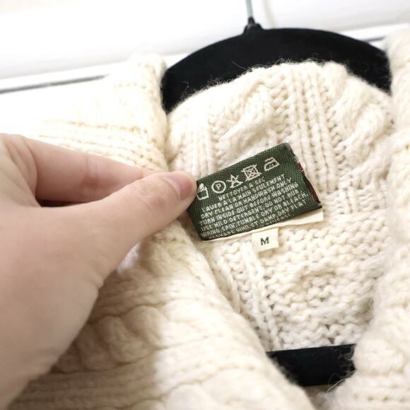Carraig Donn Cream Chunky Cable Knit Merino Wool Cardigan Sweater M Fisherman - Picture 5 of 7